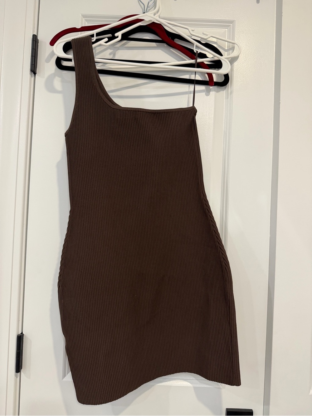 Aritzia Babaton One-Shoulder Ribbed Bodycon Dress in Brown